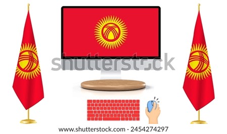 Kyrgyzstan Flag in the Digital Era: Keyboard and Mouse Flanking National Flags, Symbolizing Technological Integration. Vector Illustration Reflecting Modern National Identity Trends.