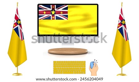 Niue Flag in the Digital Age: Illustration of Flag Stands Amidst Keyboard and Mouse, Symbolizing Modern Connectivity. EPS Vector Format.