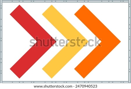 three colorful squared arrows right icon. swipe up buttons set. Isolated on white. Upload icon. Upgrade, speed up sign. Right side pointing arrow.