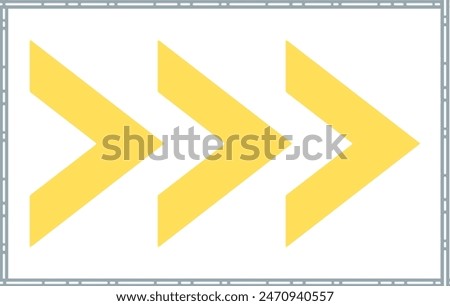 three yellow squared arrows right icon. swipe up buttons set. Isolated on white. Upload icon. Upgrade, speed up sign. Right side pointing arrow.