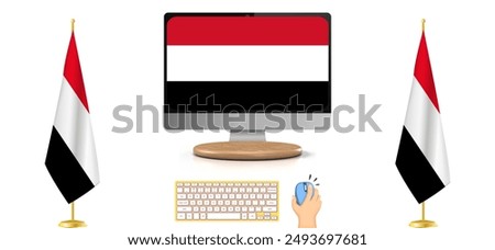 Yemen Flag in the Digital Era: Detailed Illustration of Yemen's National Flag with Modern Keyboard and Mouse Setup, Symbolizing Technological Connectivity and Advancement. EPS Vector Format