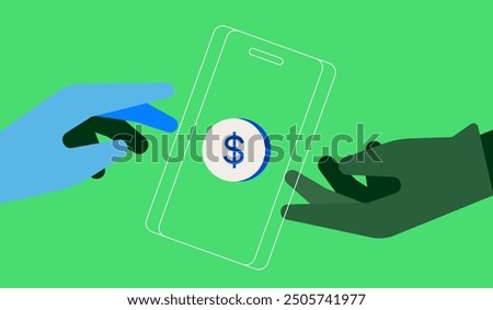 A financial concept, a collection of flat vector images, cash and cashless money transactions, a tax receipt, mobile phone with an online banking interface on it, digital financial service.