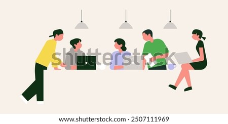 Brainstorming Team Concept. Business People Discussing Idea on Board Meeting in Office. Teamwork Project Development Process. Employees Work on Laptops and Communicate. Vector Illustration