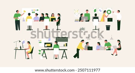 Brainstorming Team Concept. Business People Discussing Idea on Board Meeting in Office. Teamwork Project Development Process. Employees Work on Laptops and Communicate. Vector Illustration