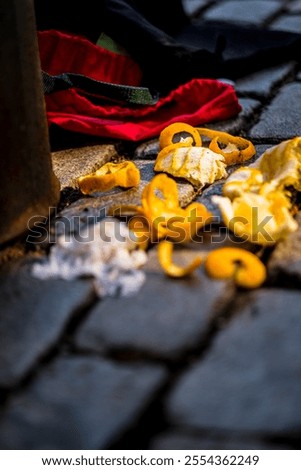 Image, Stock Photo Orange peels on cobblestones