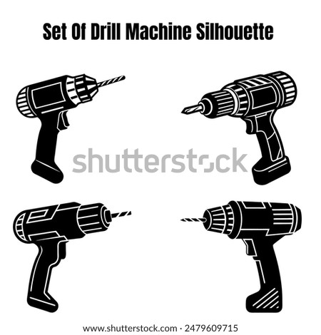 Set of Drill Machine Silhouettes - Black and White Illustrations of Electric Hand Drills for Construction, DIY Projects, and Tool Design