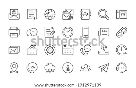 Contact Line Icons. Editable stroke linear icon set for mobile and web. Contains such icons as Chat, Email, Phone, Location, Support. Vector illustration