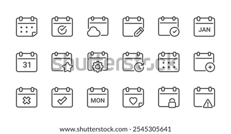 Minimal Set of Date and Calendar Line Icons. Editable Stroke. Pixel Perfect.