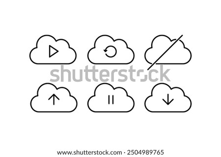 Set of cloud play, pause, offline, refresh, upload, download outline icons, Minimal icons, Vector illustration