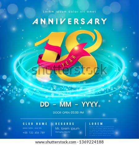 18 years anniversary logo template on blue Abstract futuristic space background. 18th modern technology design celebrating numbers with Hi-tech network digital technology concept design elements.