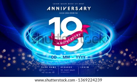 18 years anniversary logo template on dark blue Abstract futuristic space background. 18th modern technology design celebrating numbers with Hi-tech network digital technology concept design elements.