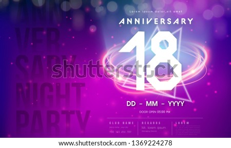 18 years anniversary logo template on purple Abstract futuristic space background. 18th modern technology design celebrating numbers with Hi-tech network digital technology concept design elements.