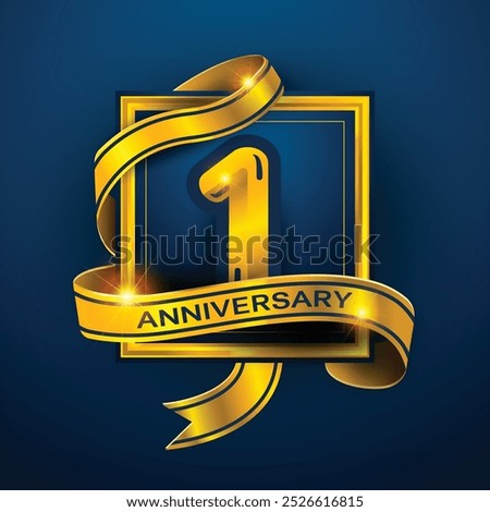 1st Anniversary design a golden ribbon wrapped around the number '1' on a dark blue background. Perfect for celebrating milestones or promoting anniversary events with a luxurious.