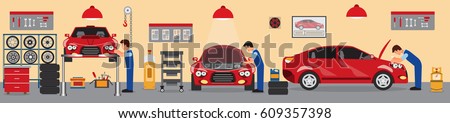 Car service and repair building or garage.Flat car repair shop.