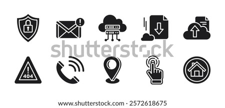 Website or technology icon pack in glyph style, showing internet security, mail notification, cloud server, download and upload files, error 404, contact us, hand cursor and home button.