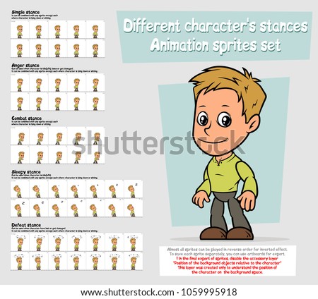 Cartoon boy character big vector animation sprites sheet set. Different stances. Simple, Anger, Combat, Sleepy, Defeat stance .Layered for quick edit. Animation for game, cartoon.