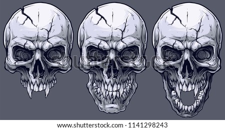 Detailed graphic realistic cool black and white human skulls with sharp canines and cracks. On gray background. Vector icon set.