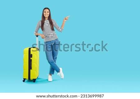 Image, Stock Photo Cheerful female traveler holding hand of boyfriend before leaving into trip