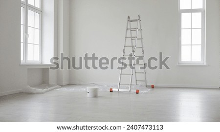 Similar – Image, Stock Photo Empty room with whitewash walls closed fireplace and brown curtains on windows