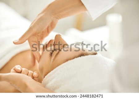 Similar – Image, Stock Photo Young woman lying in bed suffering, tired woman covering face with hands, can’t sleep feels exhaustand on white sheets in bedroom