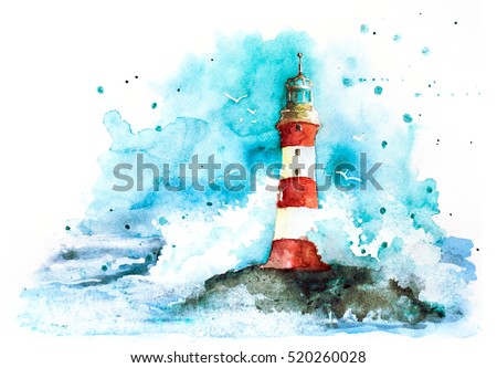 watercolor red and white lighthouse in the ocean with great waves and blue sky isolated on white