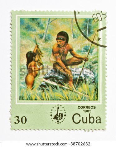 CUBA - CIRCA 1985: A stamp printed in Cuba show old life of American indian, series, circa 1985