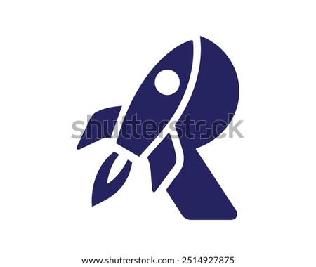 Letter R logo with rocket icon, Initial letter R monogram with a flying rocket ship silhouette icon