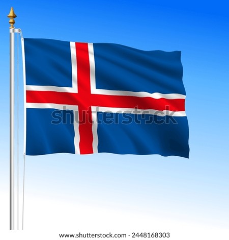 Iceland official national waving flag, north european country, vector illustration