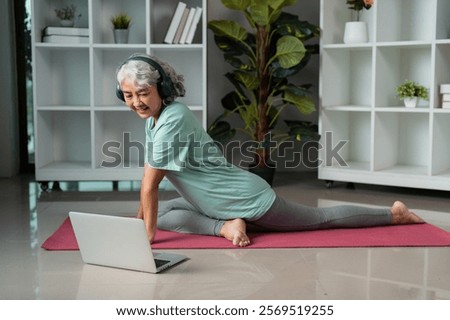 Similar – Image, Stock Photo Focused Senior Woman Practicing Yoga With Hands Clasped