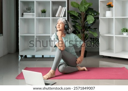 Similar – Image, Stock Photo Focused Senior Woman Practicing Yoga With Hands Clasped