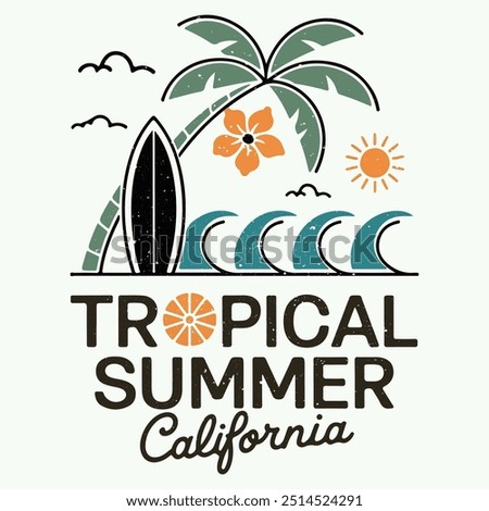 Tropical summer california. Summer wave surf illustration with palm trees for t shirt, sweatshirt and other uses. California palm tree typography, tee shirt graphics, vectors.  summer beach artwork.