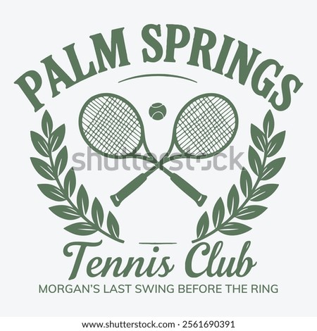 logo slogan graphic, retro tennis with racket, art deco style. palm springs california, united state,  texts athletic club and tennis club.  palm beach Country club summer SS24 tennis crest sport