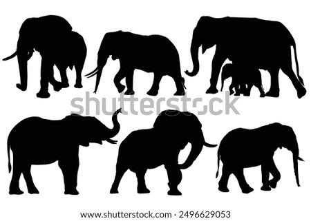 Set of Elephants Silhouette Bundle, Animal Icons, Wild Life, Forest Animals. silhouette of elephant with baby elephant. World Elephant Day. August 12th. Elephant silhouettes isolated on  background