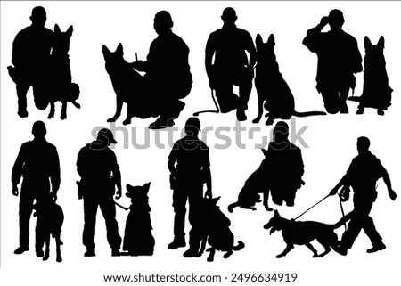 Silhouette of a police officer training with his dog partner. Vector drawing of a police man with dog. Silhouettes of officer with a dog