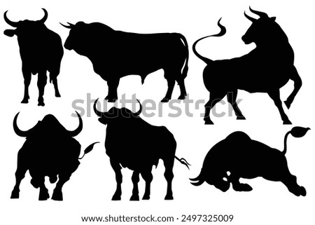 Black silhouette bull financial icons. Isolated on white background. Angry running bull icon illustration. Bull vector illustration. Domestic animal. Buffalo collection. Farm animal.