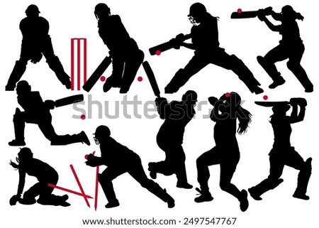 Set of female cricket players batting bowling fielding celebrating after victory silhouette. Female Cricket Player Betting and Bowling Silhouettes Vector. women's cricket.