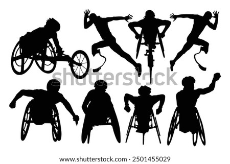 Silhouette of the runner of the artificial leg. Paralympic agitos in their original colors, chic and elegant illustration, sober, intergenerational, white background. Handicap athletes silhouettes