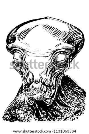 Graphical sketch of alien isolated on white background,vector UFO icon,monster, Martian. Halloween design elements