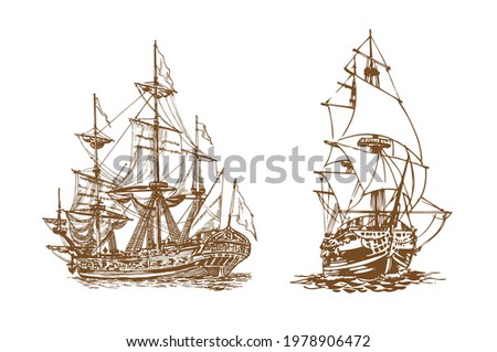 Sailing ship, graphic hand drawing. Sea or river transport, an isolated object. Vector
