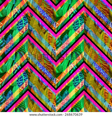 vivid floral pattern on a zigzag ornament. zig zag pattern on colorful tropical leaves and plants. magenta, green, black colors leaves