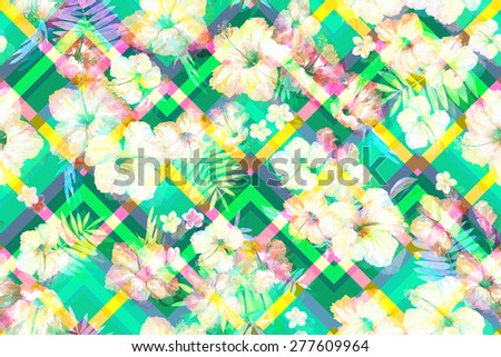 Green flowers pattern on a green background. Spring seamless floral pattern on a zigzag ornament. Gorgeous zigzag pattern