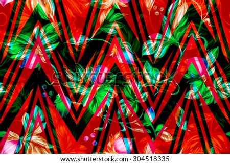 Vivid seamless floral background. Dark zig zag ornament on a red flowers backdrop. Watercolor markers handmade illustration