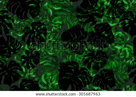 Tropical dark seamless pattern. Deep jungle seamless of green foliage and dark green leafs on a black background. Watercolor plants illustration