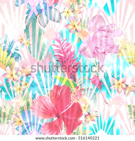 Light Floral pattern seamless. Realistic Tropical pattern of exotic plants and tropical flowers: Alpinia, Hibiscus, plumeria, frangipani, banana leafs, palm leaf. Art Photo collage Striped backdrop