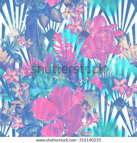 Beautiful realistic floral pattern. Tropical geometric pattern with exotic flowers Hibiscus, plumeria, frangipani and exotic palm plants,banana leaves. Floral design - Photo collage. Stylish art deco