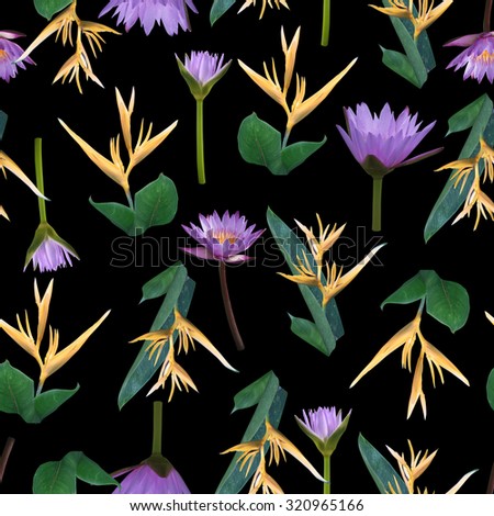 Seamless floral pattern with tropical flowers Strelitzia, Lotus and leafs. Blossom Exotic flowers and foliage background on a black background. Photo collage for art design