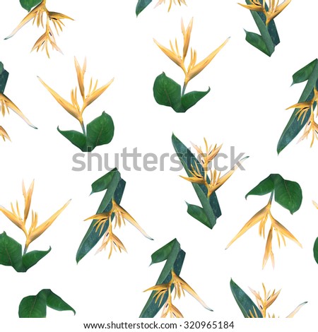 Floral template. Seamless floral pattern with tropical flowers Strelitzia, plants, leafs. Exotic floral background on a white background. Realistic photo collage elements for design