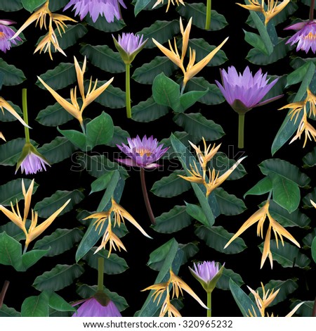 Seamless floral pattern with tropical flowers Strelitzia, Lotus and leafs. Blossom Exotic flowers and foliage background on a black background. Ficus, banana leaves, banana leaf - photo collage