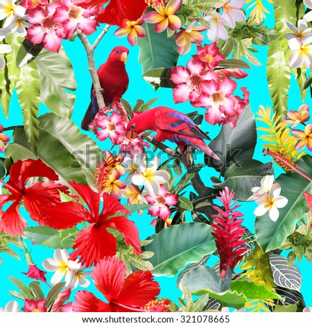 Tropical seamless pattern with tropical flowers, birds, tropical plants and leaves. Realistic photo collage of tropical rainforest