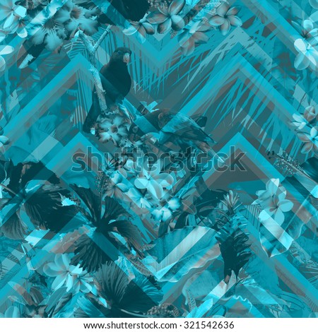 Monochrome floral tropical pattern with birds and tropical flowers. Blue Tropical camouflage with foliage and leaves on a geometric background.